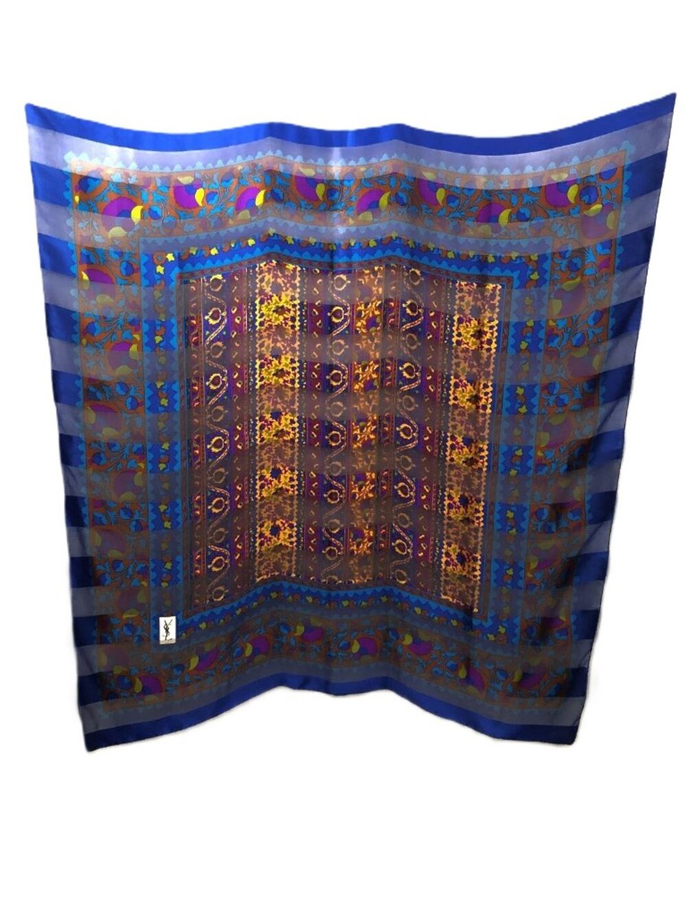 Vintage YSL Silk Blue Print Very Large Scarf or Wrap